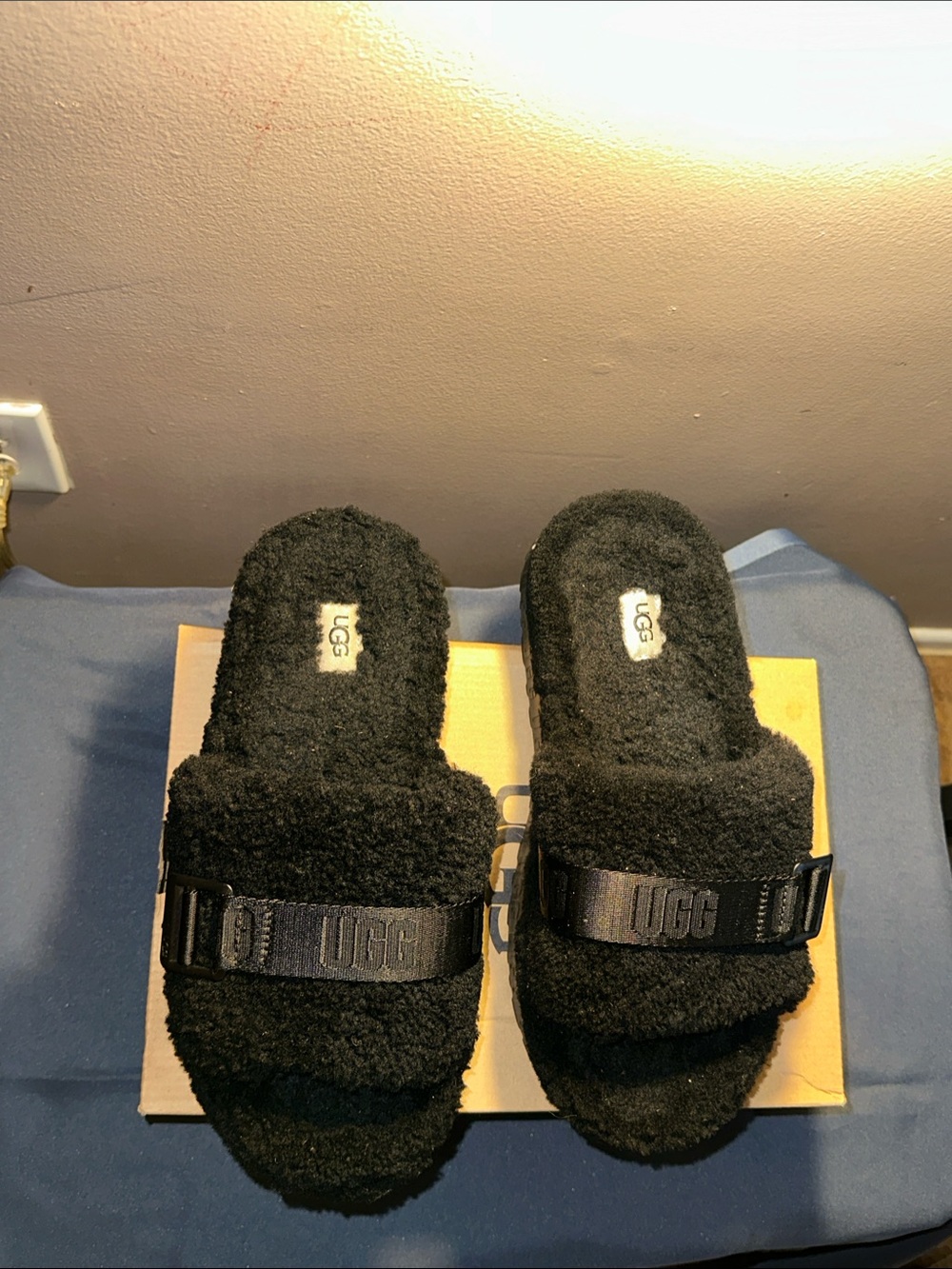 UGG Black Fuzz Slide Mules with Branded Strap